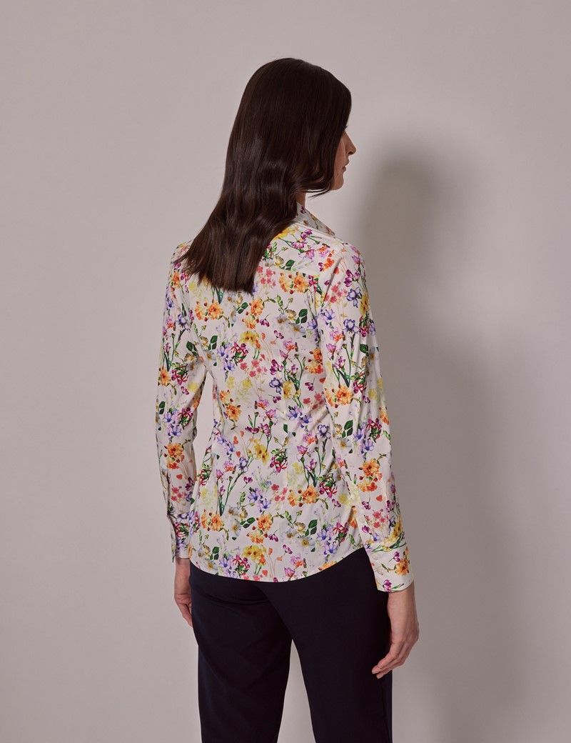 Women's White & Purple Wild Floral Fitted Cotton Stretch Shirt | Hawes ...