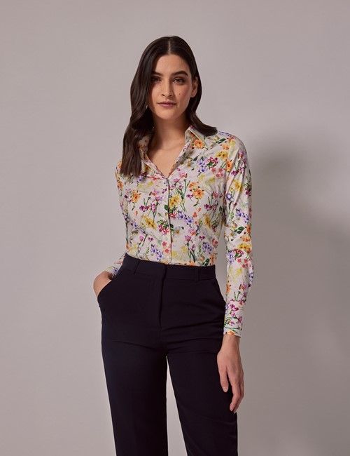 White & Purple Wild Floral Fitted Cotton Stretch Shirt