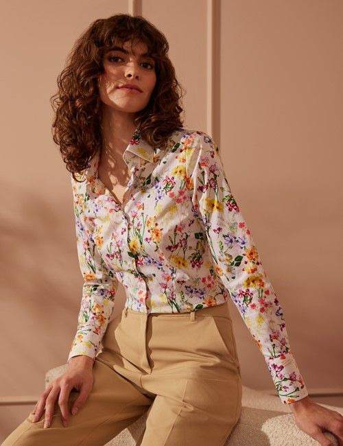 White & Purple Wild Floral Fitted Cotton Stretch Shirt-preview