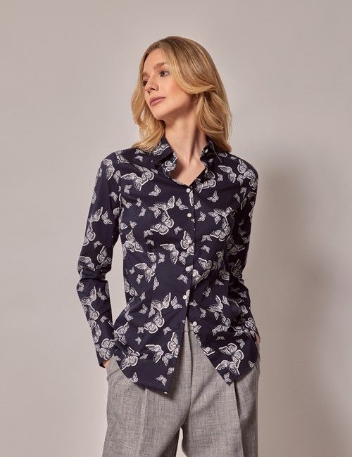 Navy & White Butterfly Fitted Cotton Stretch Shirt