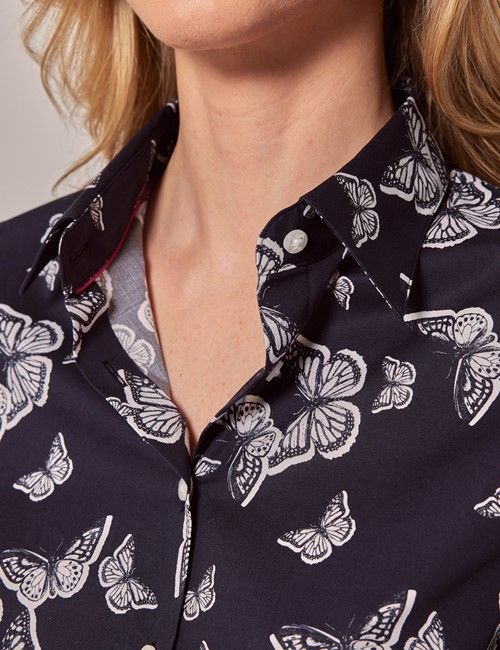 Navy & White Butterfly Fitted Cotton Stretch Shirt-preview