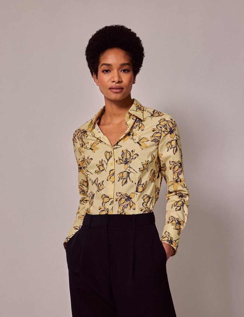 Women's Yellow & Black Floral Fitted Cotton Stretch Shirt | Hawes & Curtis