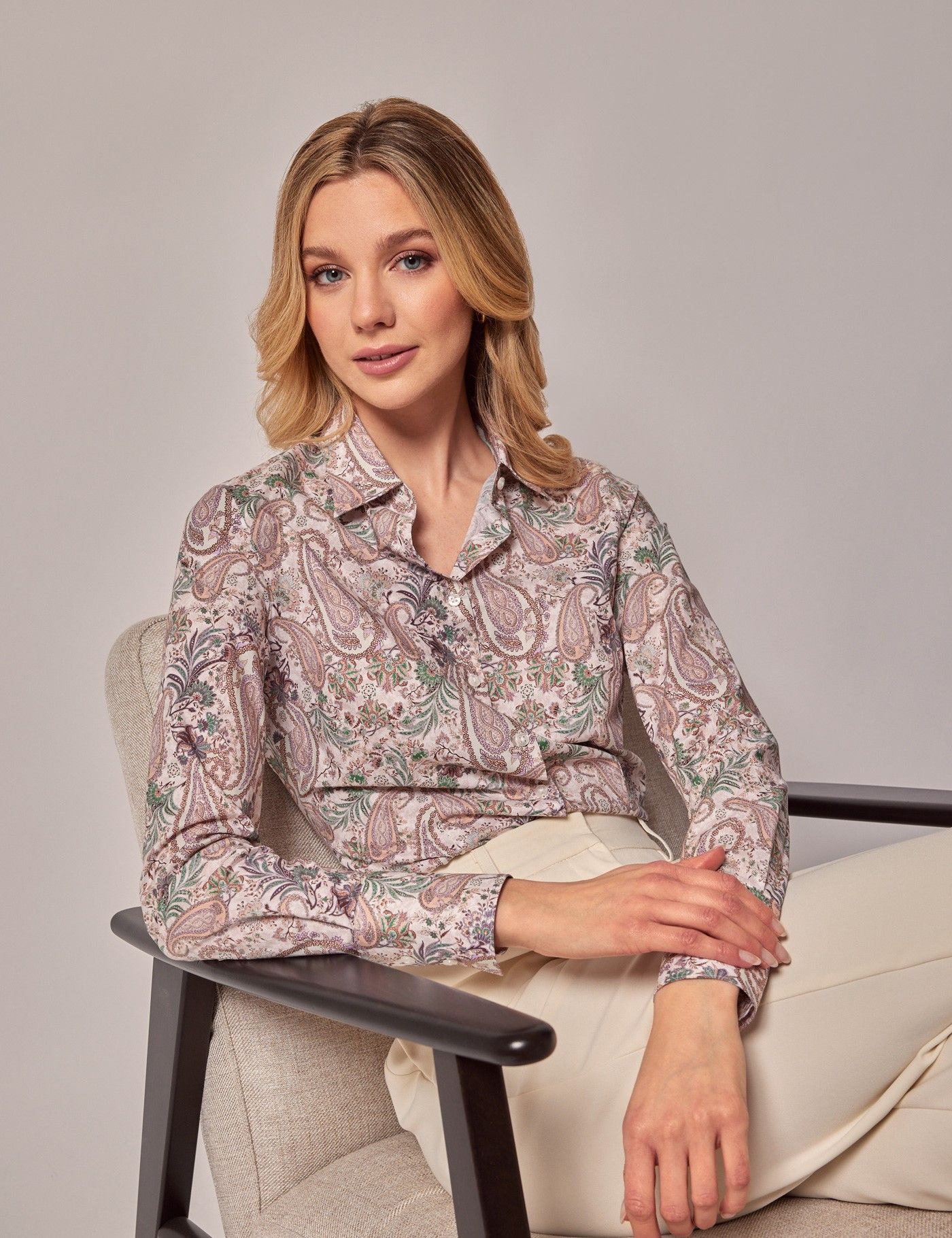 Cream & Green Paisley Fitted Cotton Stretch Shirt