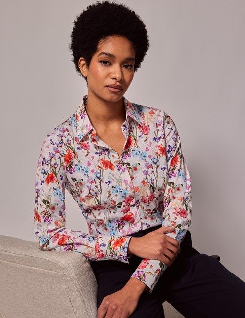 White & Pink Floral Fitted Cotton Stretch Shirt