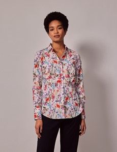 White & Pink Floral Fitted Cotton Stretch Shirt-preview2