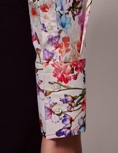 White & Pink Floral Fitted Cotton Stretch Shirt-preview3