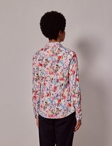 White & Pink Floral Fitted Cotton Stretch Shirt-preview4