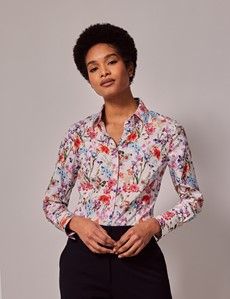 White & Pink Floral Fitted Cotton Stretch Shirt-preview5