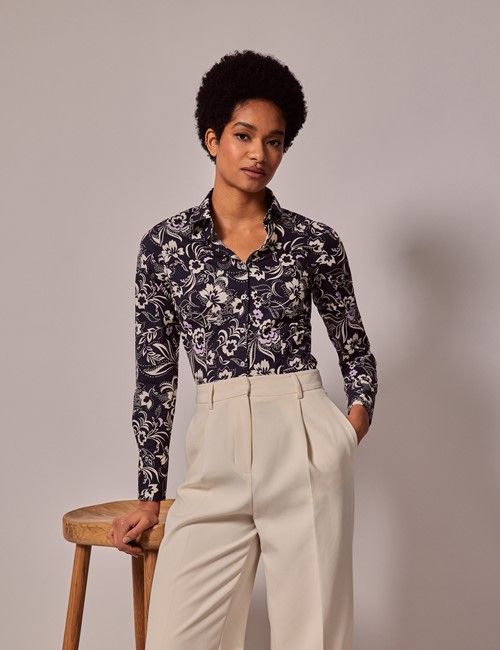 Navy & White Floral Fitted Cotton Stretch Shirt