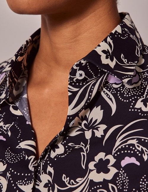 Navy & White Floral Fitted Cotton Stretch Shirt-preview