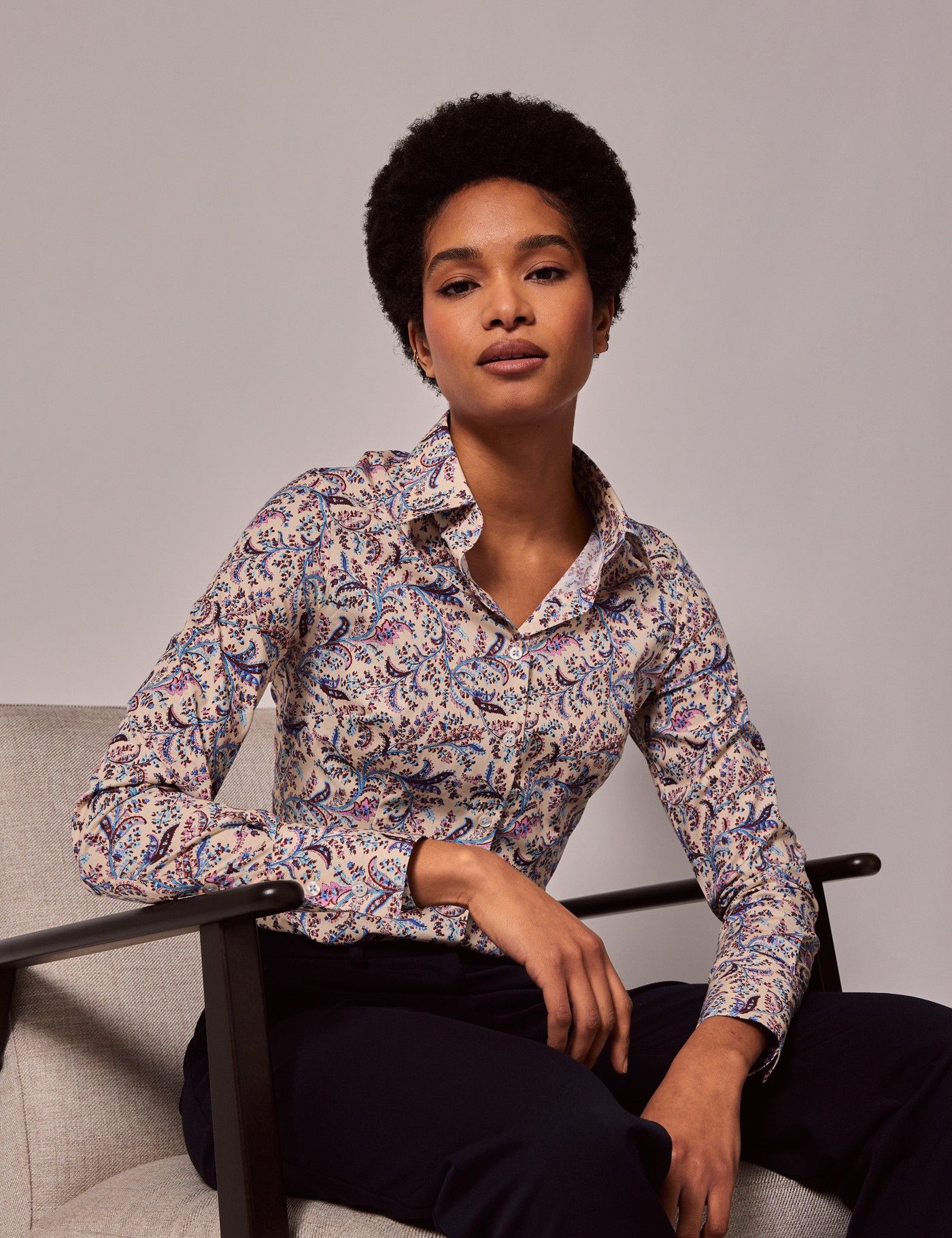 Women's Cream & Blue Vintage Paisley Fitted Cotton Stretch Shirt ...