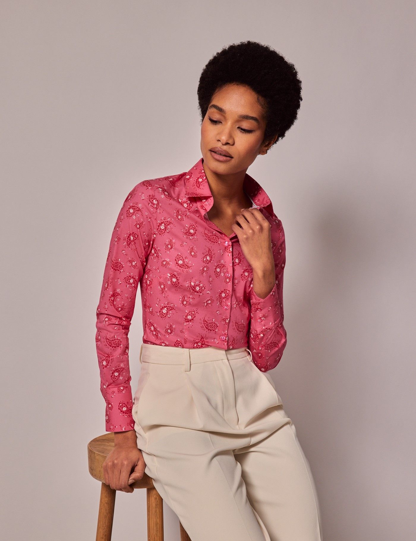 Red & White Floral Paisley Fitted Cotton Stretch Shirt