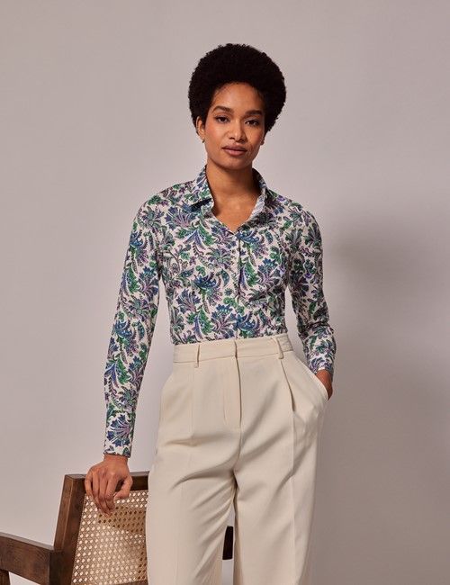 Cream & Green Vintage Paisley Fitted Cotton Stretch Shirt