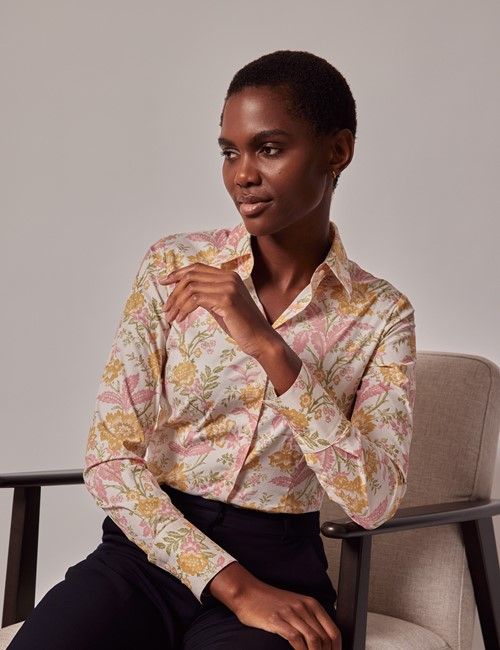 Cream & Pink Floral Fitted Cotton Stretch Shirt