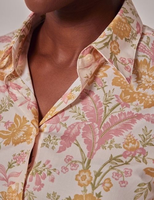 Cream & Pink Floral Fitted Cotton Stretch Shirt-preview