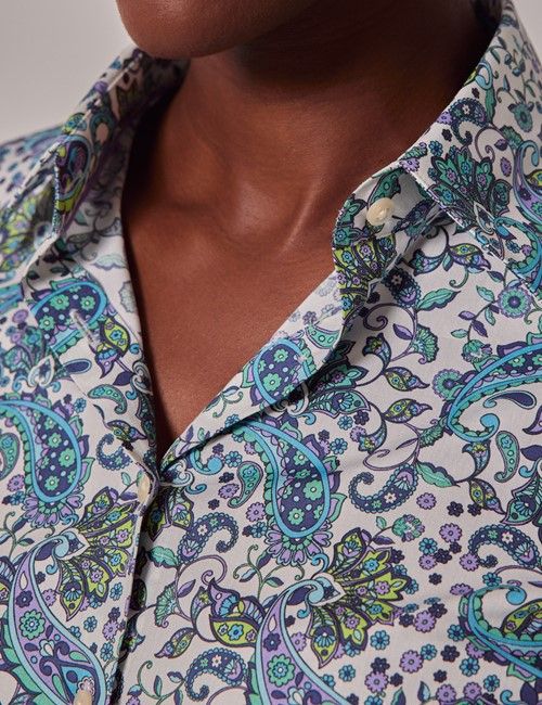 White & Blue Paisley Fitted Cotton Stretch Shirt-preview