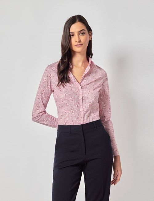 Pink & White Floral Cotton Stretch Fitted Shirt