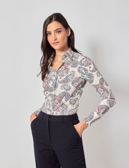 Cream & Blue Paisley Cotton Stretch Fitted Shirt