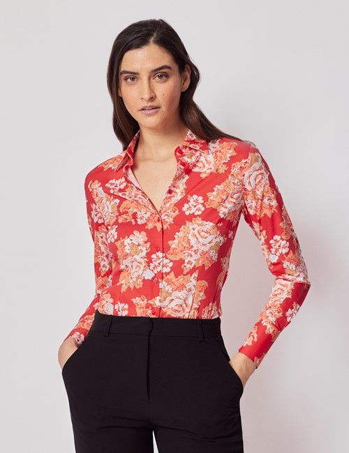 Red & Pink Floral Cotton Stretch Fitted Shirt