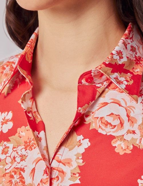 Red & Pink Floral Cotton Stretch Fitted Shirt-preview