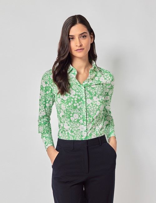 Green & White Floral Cotton Stretch Fitted Shirt