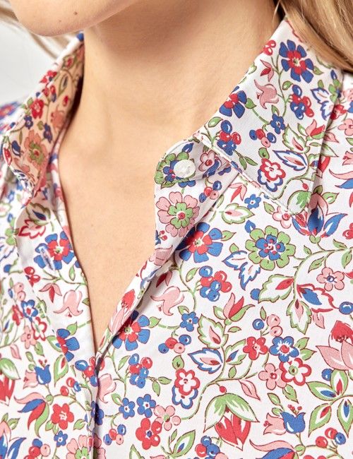White & Green Floral Cotton Stretch Fitted Shirt-preview