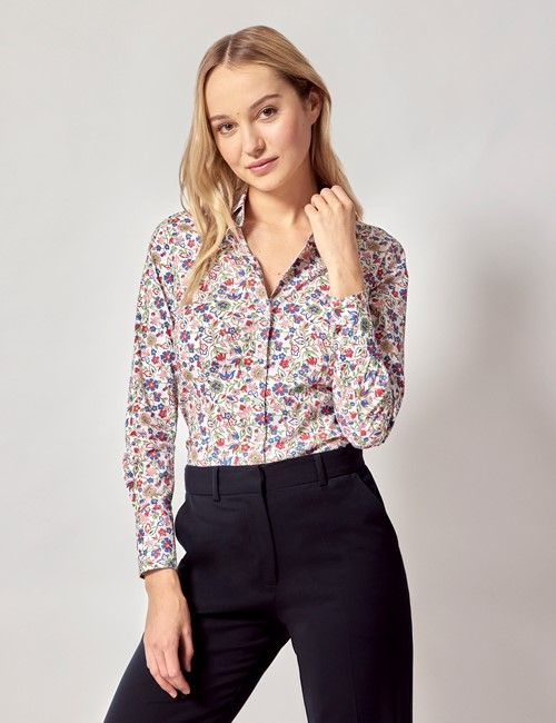 White & Green Floral Cotton Stretch Fitted Shirt