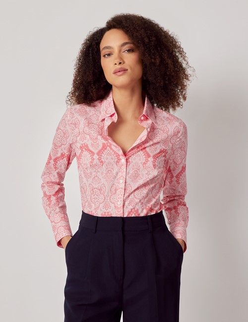 Coral & White Two Tone Paisley Cotton Fitted Shirt