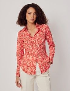 Red & Cream Mini Bird Cotton Fitted Shirt-preview5