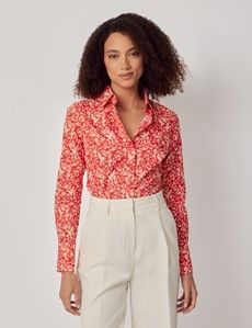 Red & Cream Mini Bird Cotton Fitted Shirt
