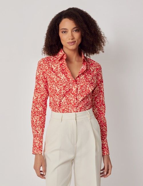 Red & Cream Mini Bird Cotton Fitted Shirt