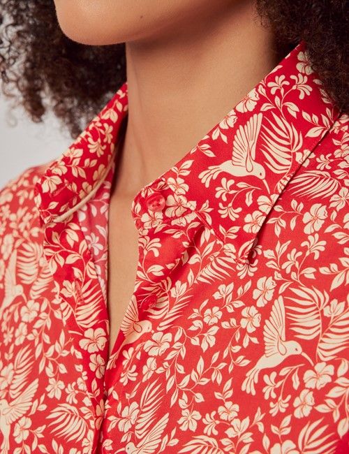 Red & Cream Mini Bird Cotton Fitted Shirt-preview