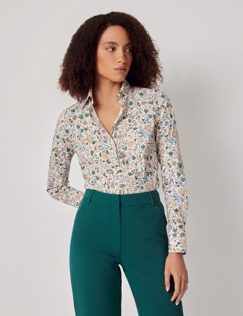 White & Green Vintage Floral Cotton Stretch Fitted Shirt