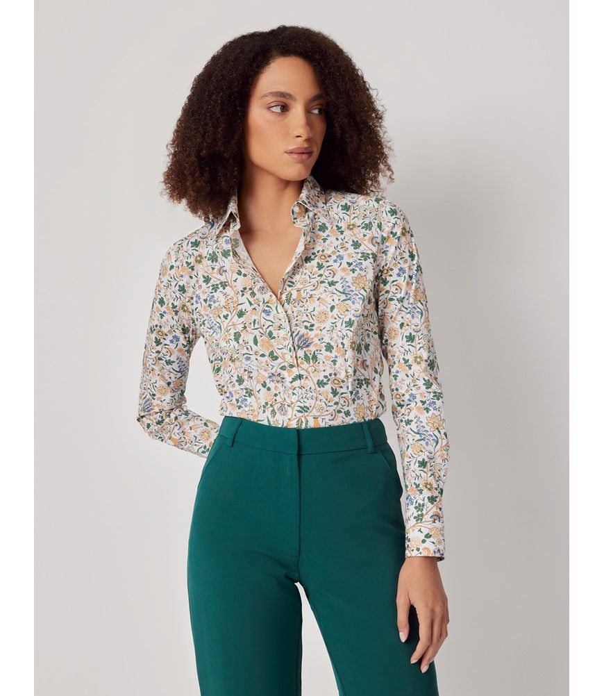 Women's White & Green Vintage Floral Cotton Stretch Fitted