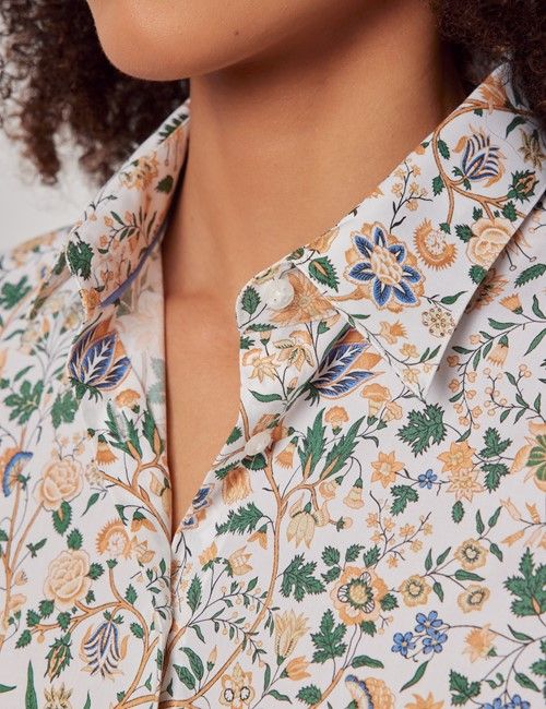 White & Green Vintage Floral Cotton Stretch Fitted Shirt-preview