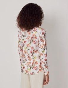 White & Red Floral Cotton Stretch Fitted Shirt-preview3