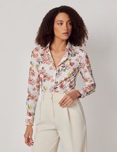 White & Red Floral Cotton Stretch Fitted Shirt