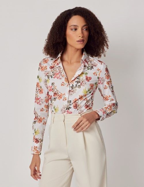 White & Red Floral Cotton Stretch Fitted Shirt