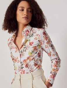 White & Red Floral Cotton Stretch Fitted Shirt-preview2