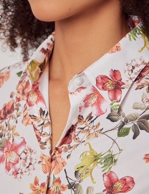 White & Red Floral Cotton Stretch Fitted Shirt-preview