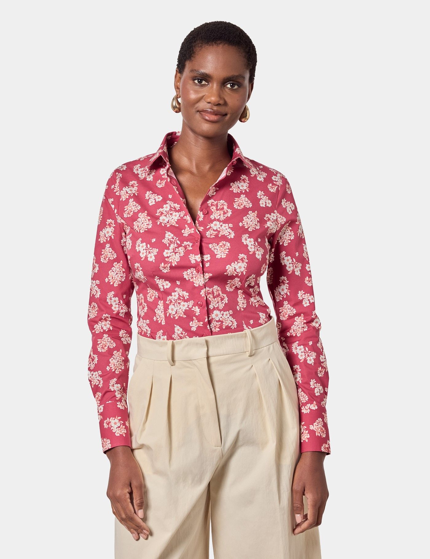 Fitted Berry & White Floral Shirt