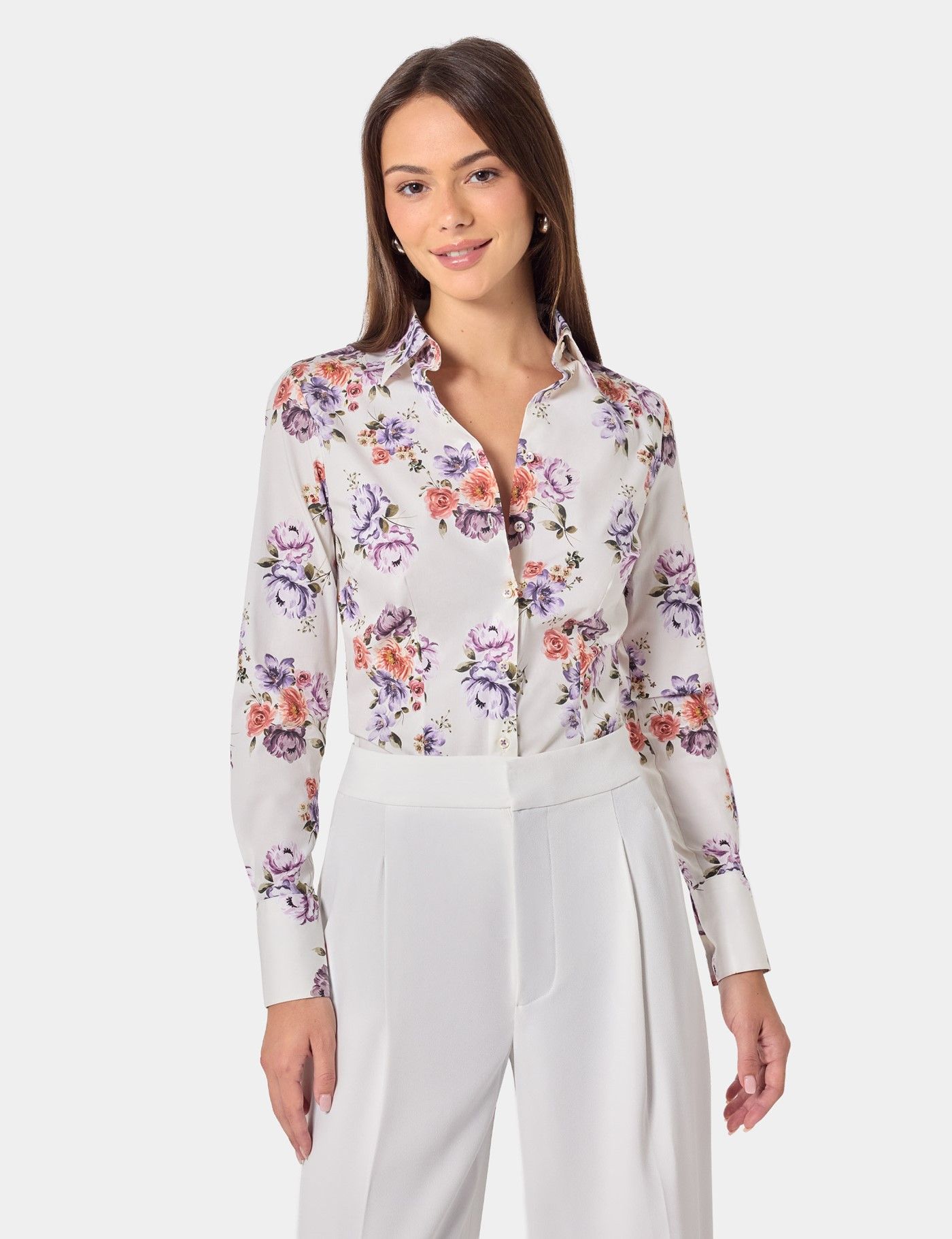 Fitted Cream & Purple Floral Shirt