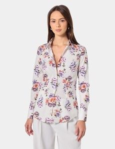 Fitted Cream & Purple Floral Shirt