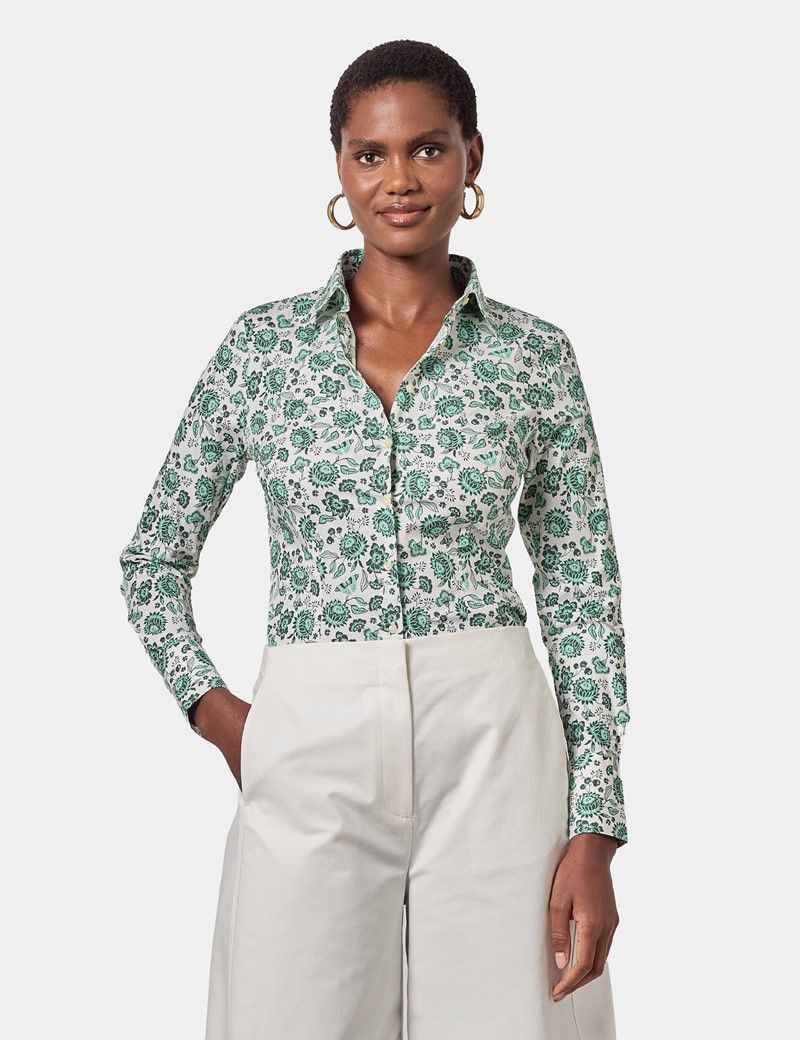 Fitted Cream & Green Floral Shirt
