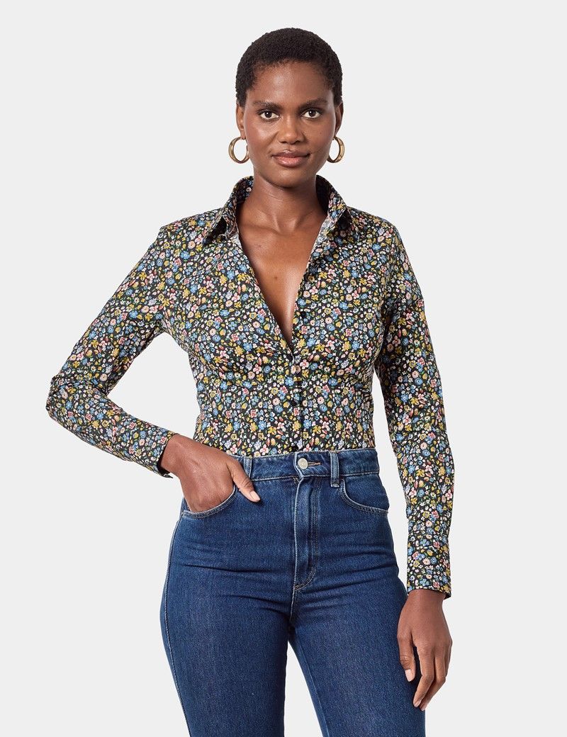 Fitted Black & Yellow Floral Shirt