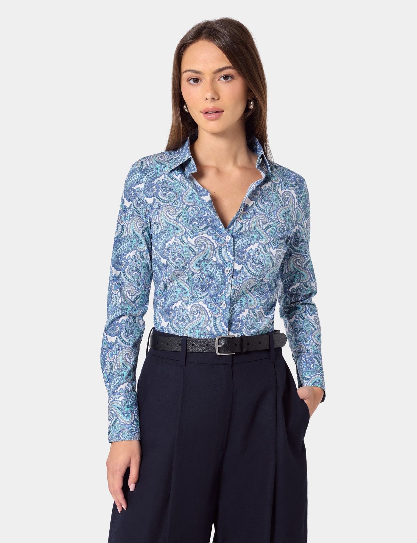 Fitted White & Blue Paisley Shirt