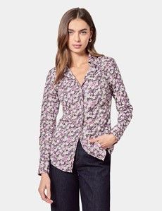 Fitted White & Purple Floral Shirt