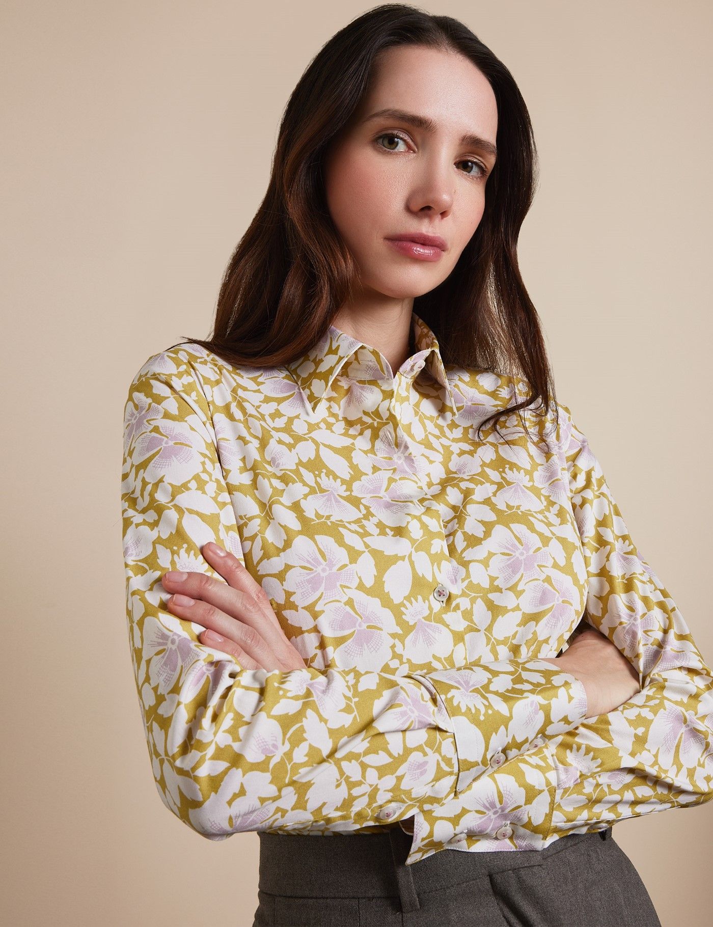 Cream & Black Floral Semi-Fitted Cotton Shirt
