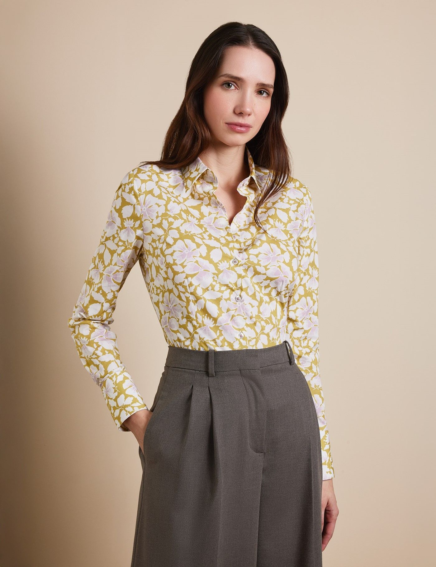 Cream & Black Floral Semi-Fitted Cotton Shirt