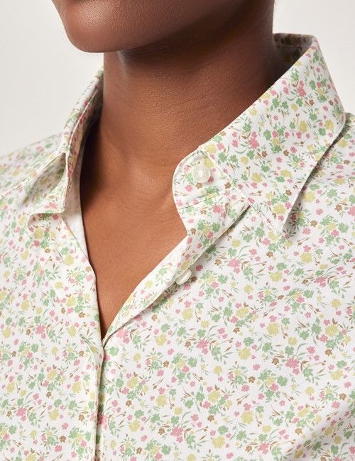 White & Green Ditsy Floral Cotton Stretch Fitted Shirt-preview
